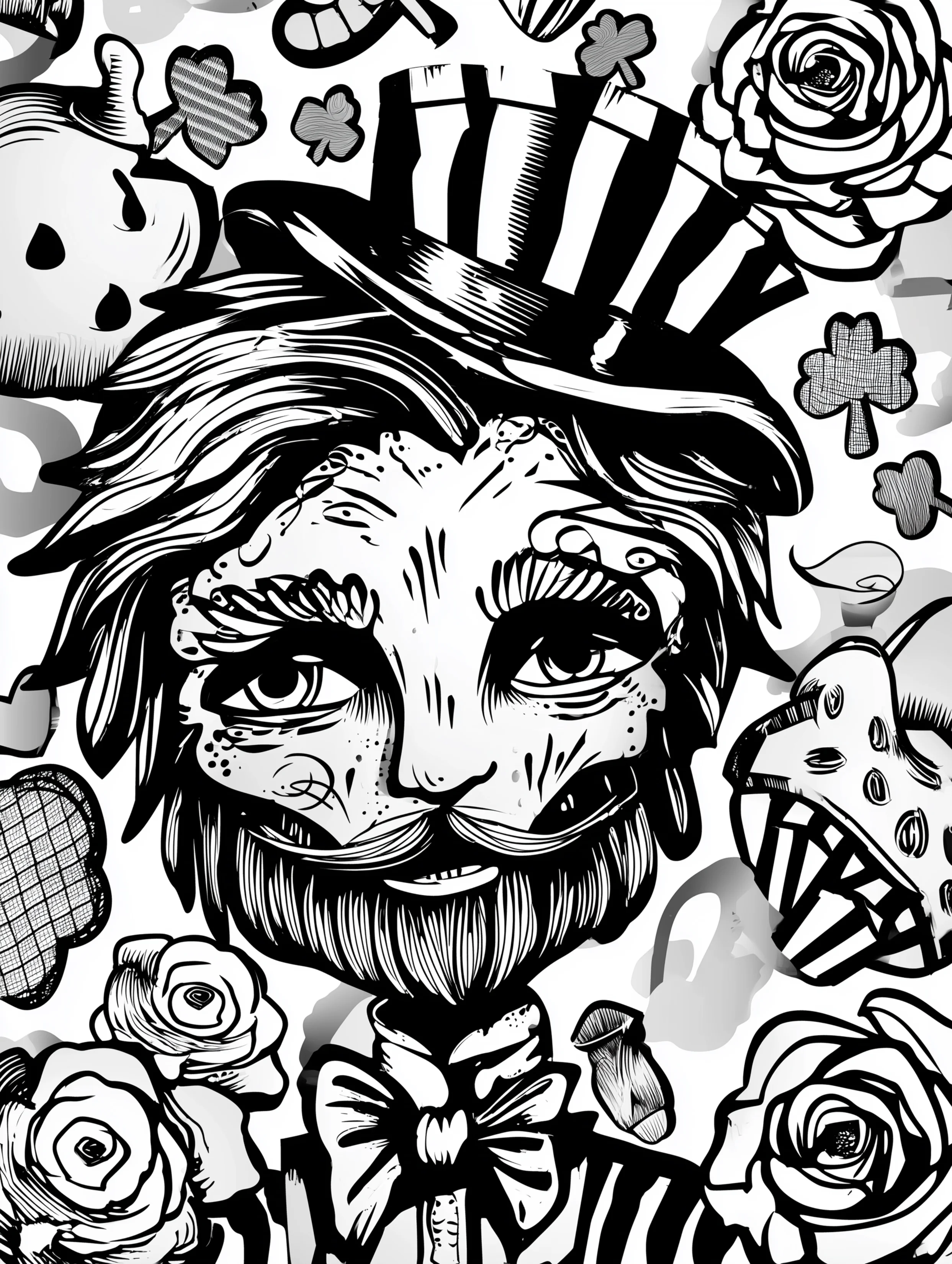 Free printable St Patricks Day coloring page for adults featuring a leprechaun wearing a striped hat